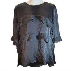 WHO WHAT WEAR black ruffle blouse L
